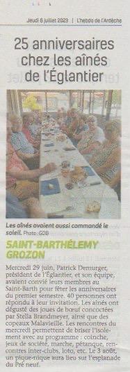 Article ha sur repas des anniversaires du club l eglantier 29 jun 23