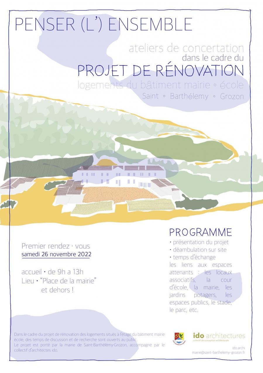 Batiment mairie ecole affiche re union concertation 26 nov 22