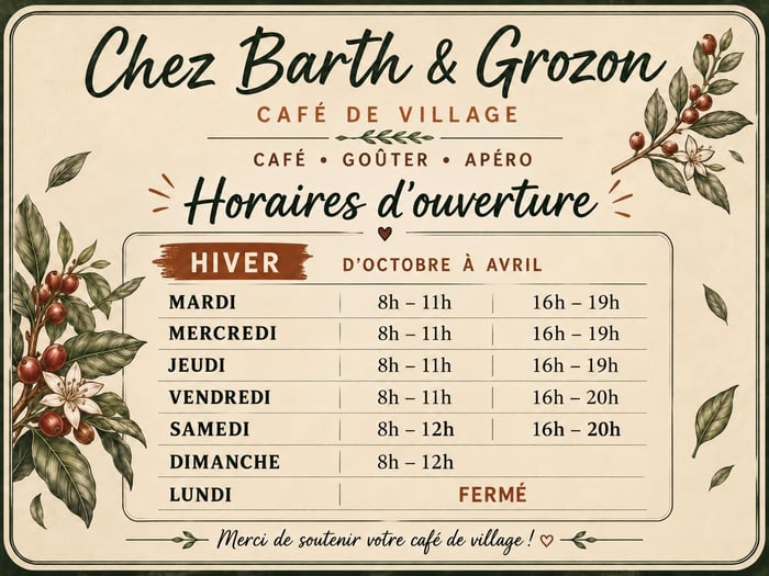 Horaires chez barth et grozon hiver 1