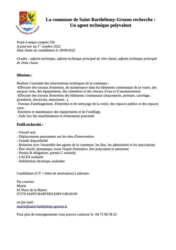 Offre emploi agent technique 21 jul 22