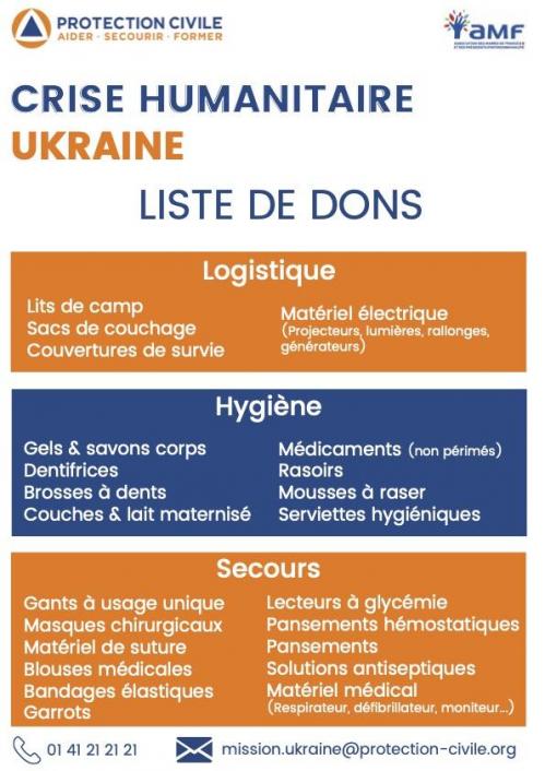 Ukraine liste dons materiels